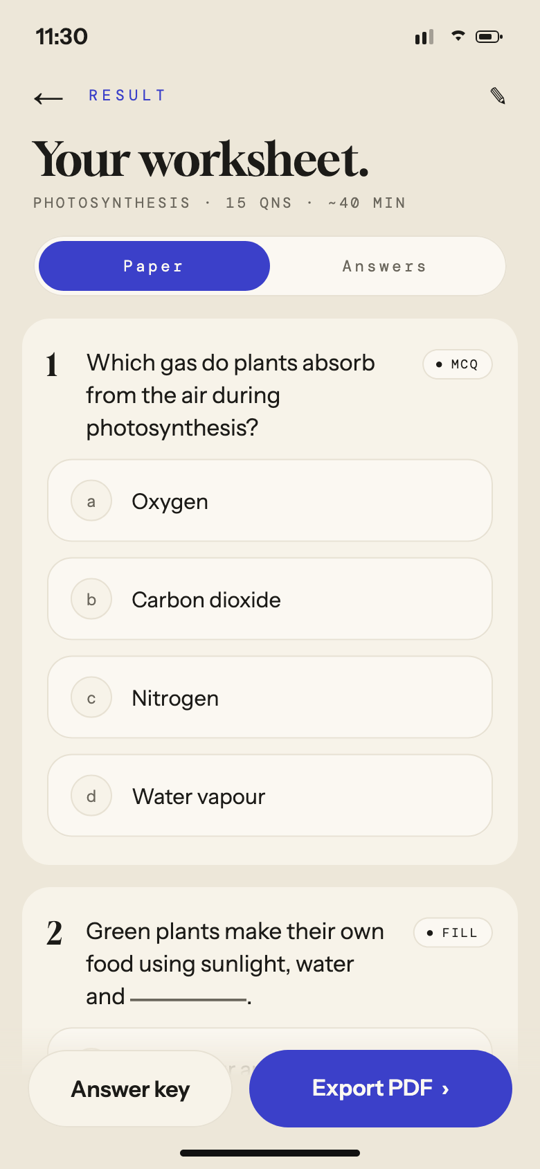 A generated worksheet in English