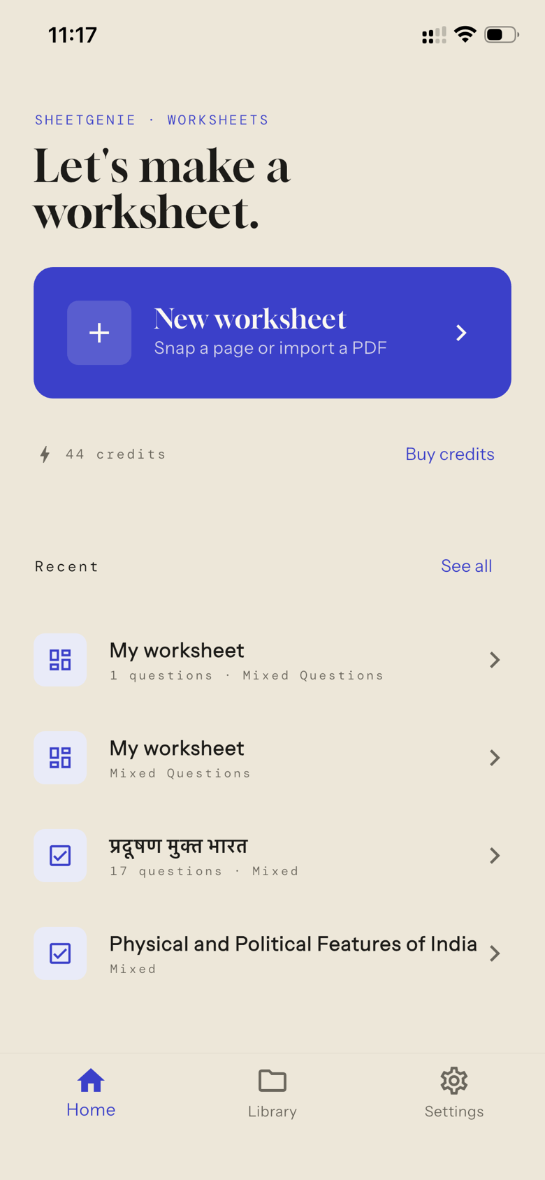 SheetGenie home screen