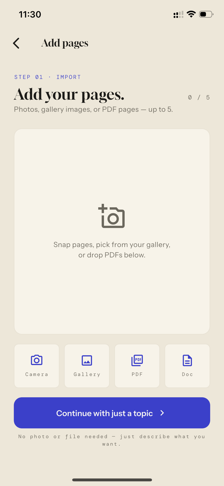 Step 1 — Add your pages: camera, gallery, PDF or doc import